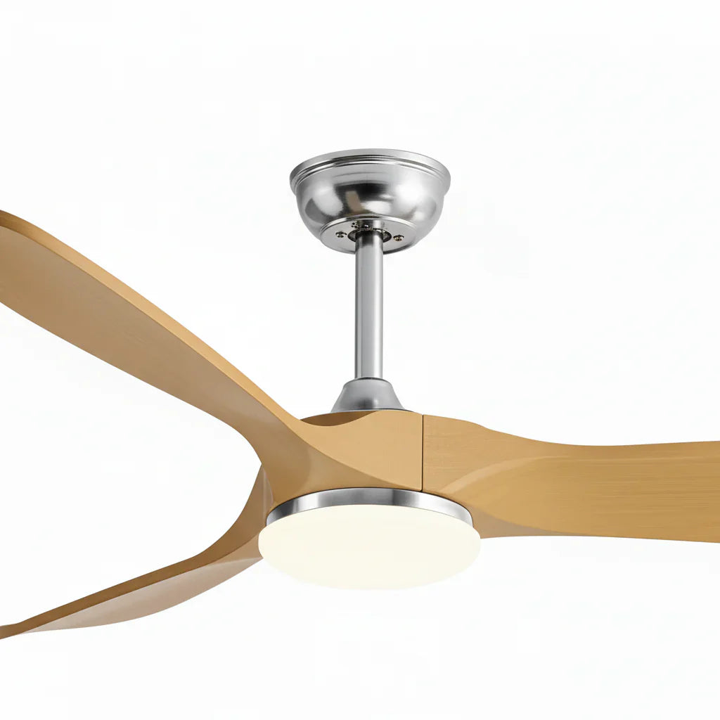 Zéphyr | Ventilateur vintage argent et bois naturel, LED