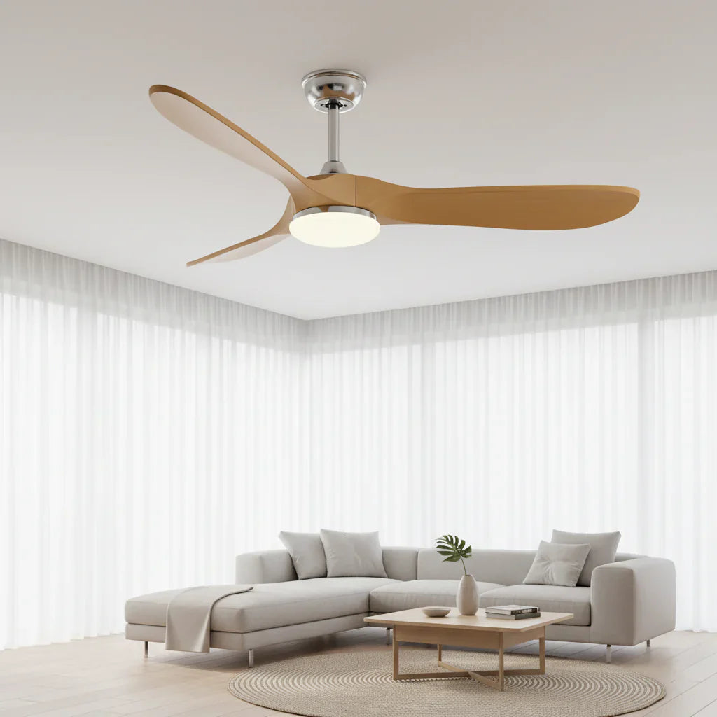 Zéphyr | Ventilateur vintage argent et bois naturel, LED