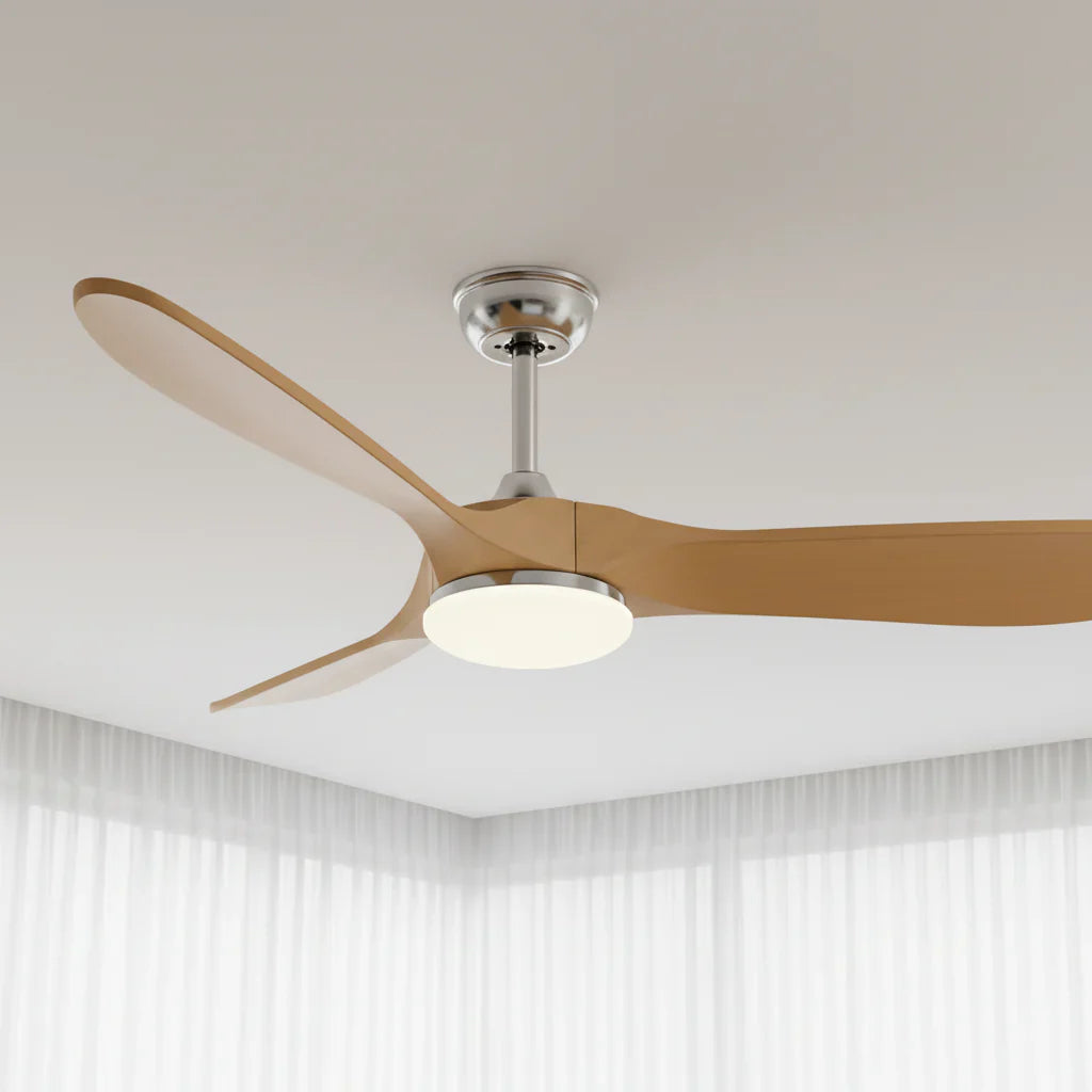 Zéphyr | Ventilateur vintage argent et bois naturel, LED
