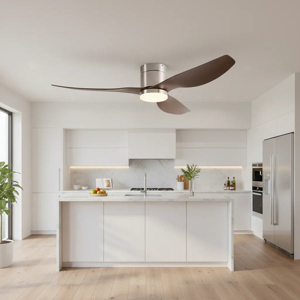 Cyrus | Ventilateur LED intégrée argent et bois foncé