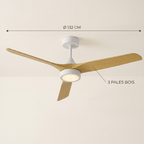 Alba, diamètre 132 cm, 3 pales en bois clair, cotes détaillées