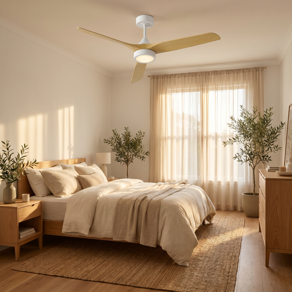 Ventilateur Alba au plafond d'une chambre scandinave en chêne et lin, lumière douce