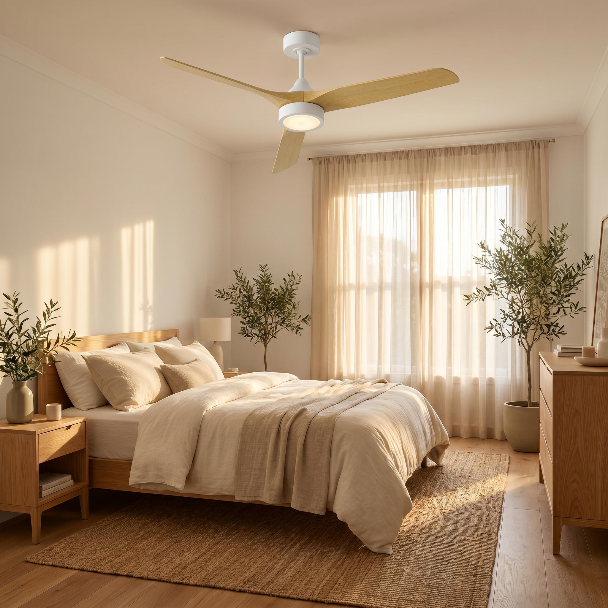 Ventilateur Alba au plafond d'une chambre scandinave en chêne et lin, lumière douce
