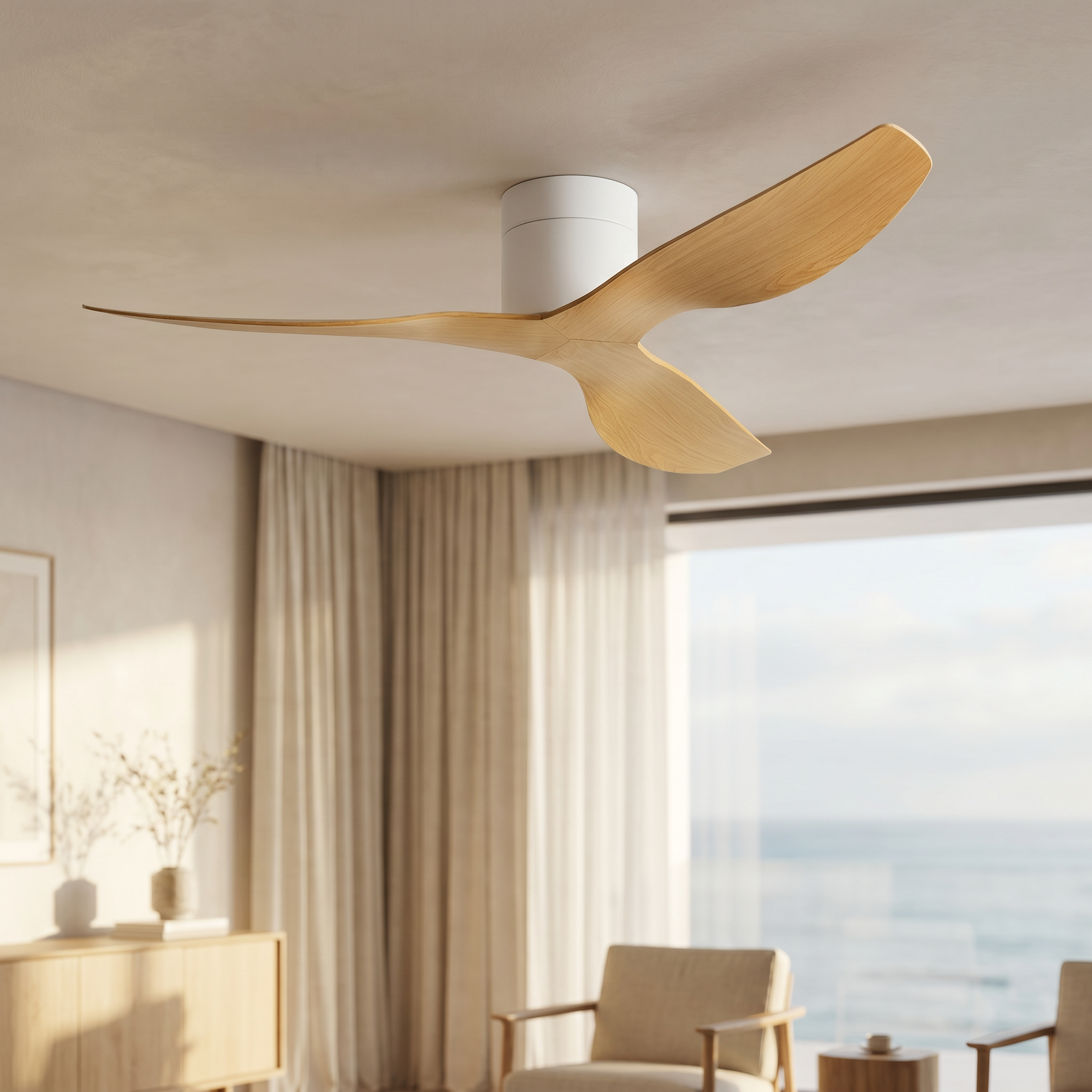 Éclipse, ventilateur de plafond dans un salon lumineux avec vue mer