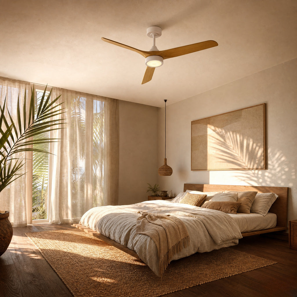 Alba, ventilateur de plafond scandinave LED en bois clair et blanc, vue 6