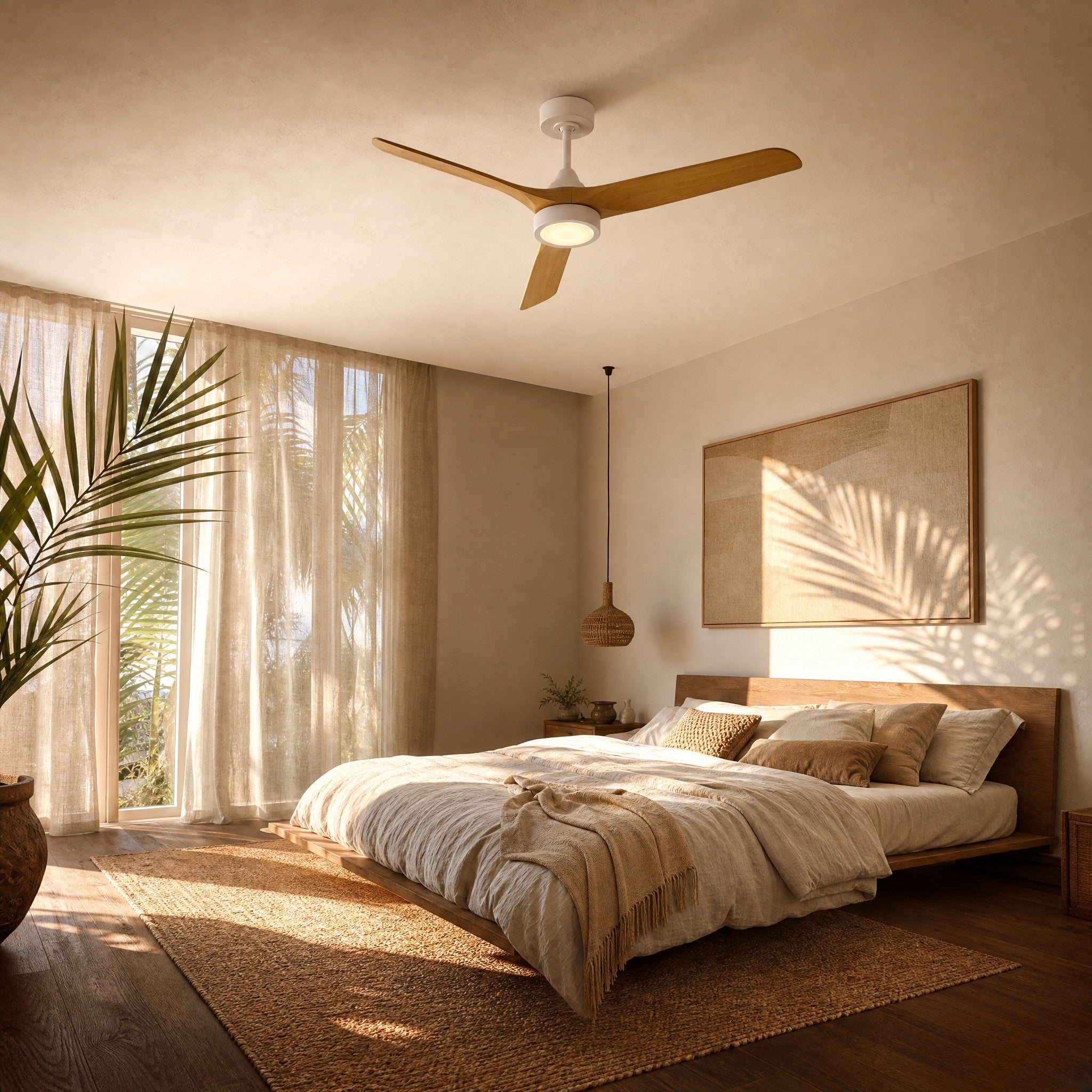 Alba, ventilateur de plafond scandinave LED en bois clair et blanc, vue 6