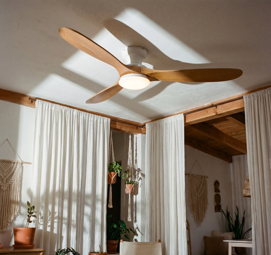 Cap LED Ivoire, ventilateur de plafond bois massif blanc avec LED, vue 3
