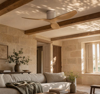Éclipse Ivoire, ventilateur de plafond moderne blanc et bois clair, vue 2