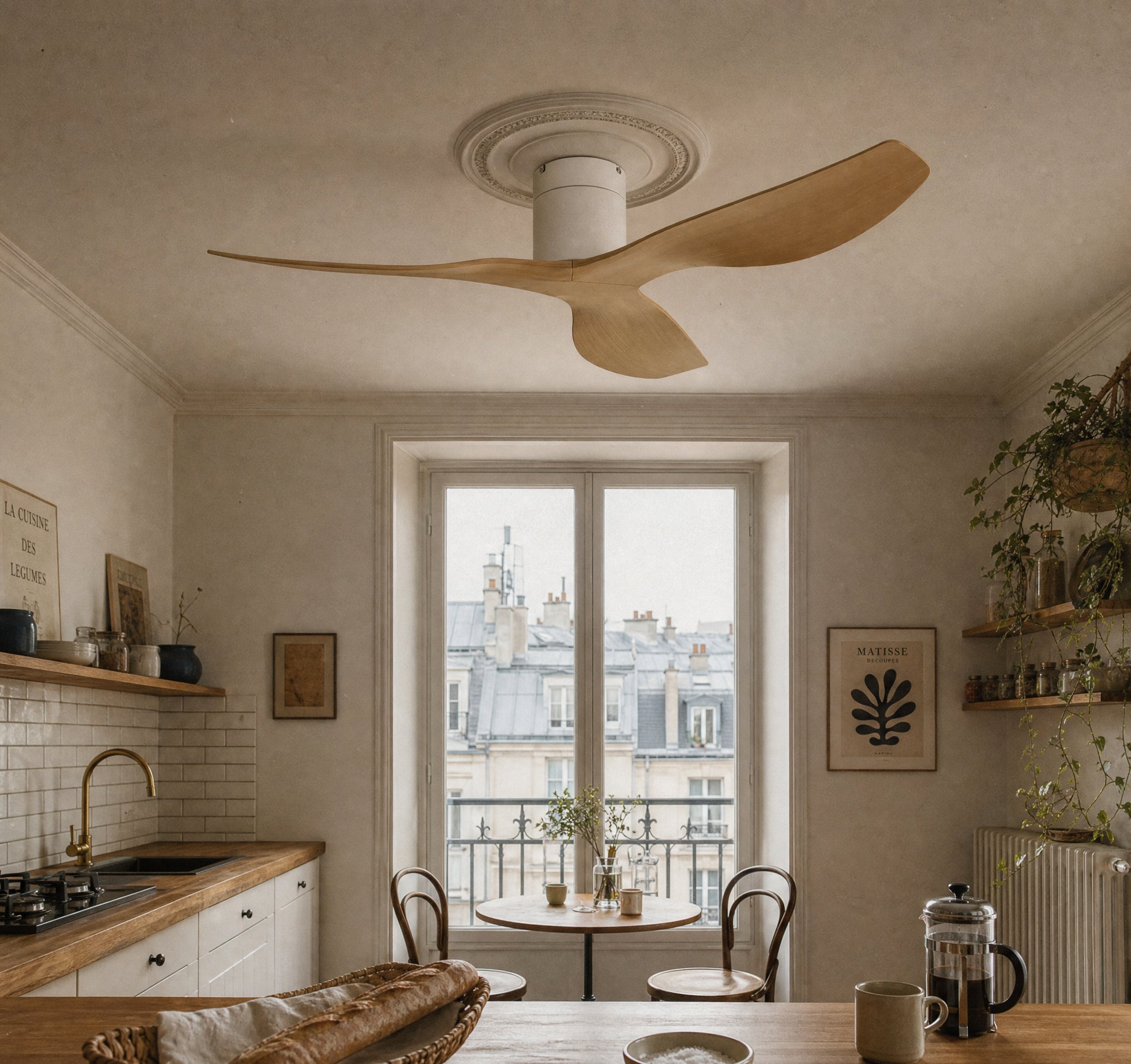 Éclipse Ivoire, ventilateur de plafond moderne blanc et bois clair, vue 5