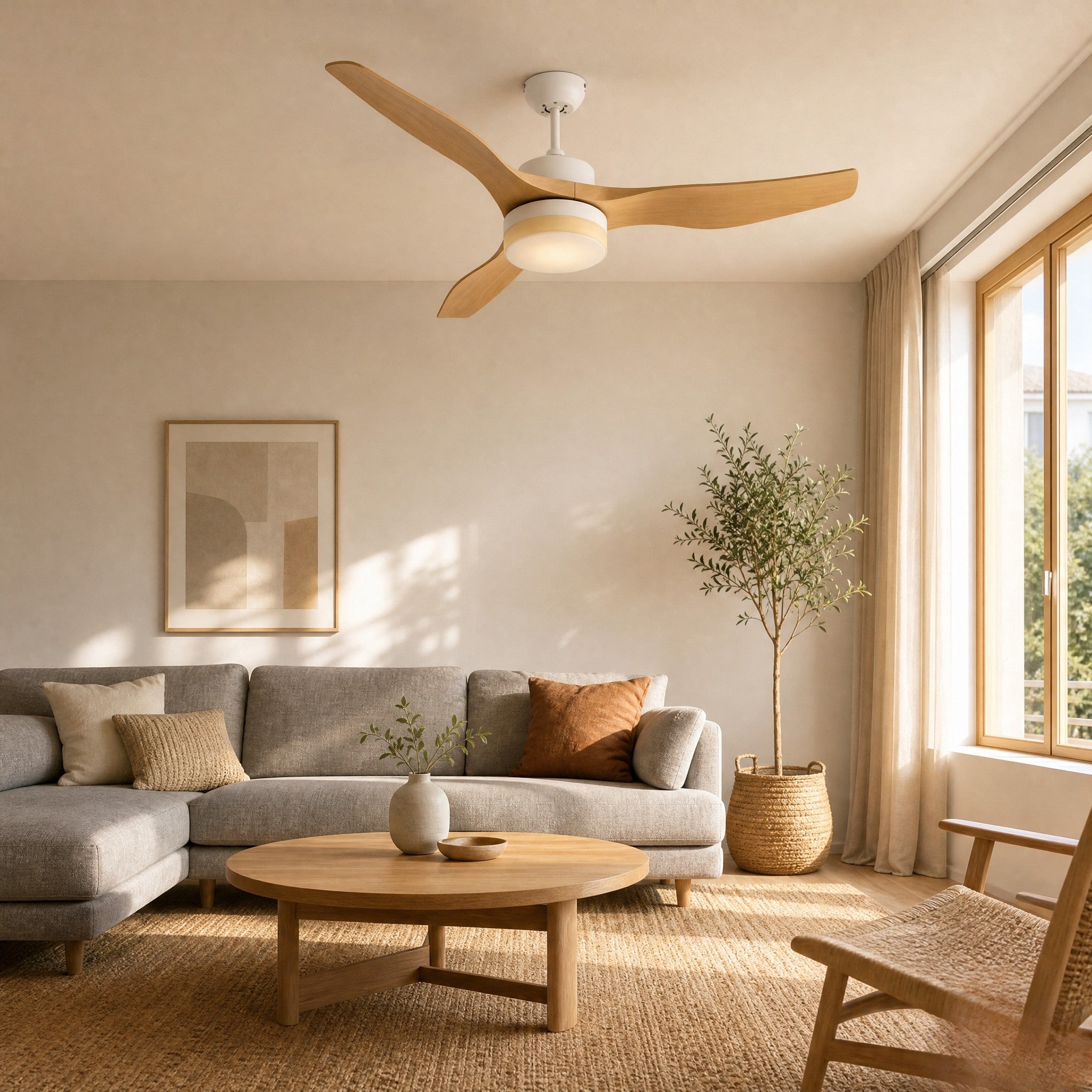 Plume, ventilateur de plafond finition champagne et blanc, vue 2