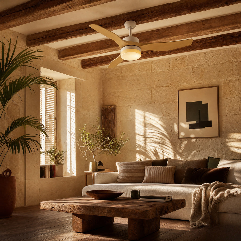 Plume, ventilateur de plafond finition champagne et blanc, vue 3