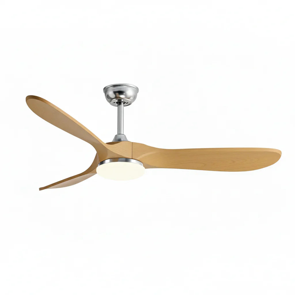 Zéphyr | Ventilateur vintage argent et bois naturel, LED