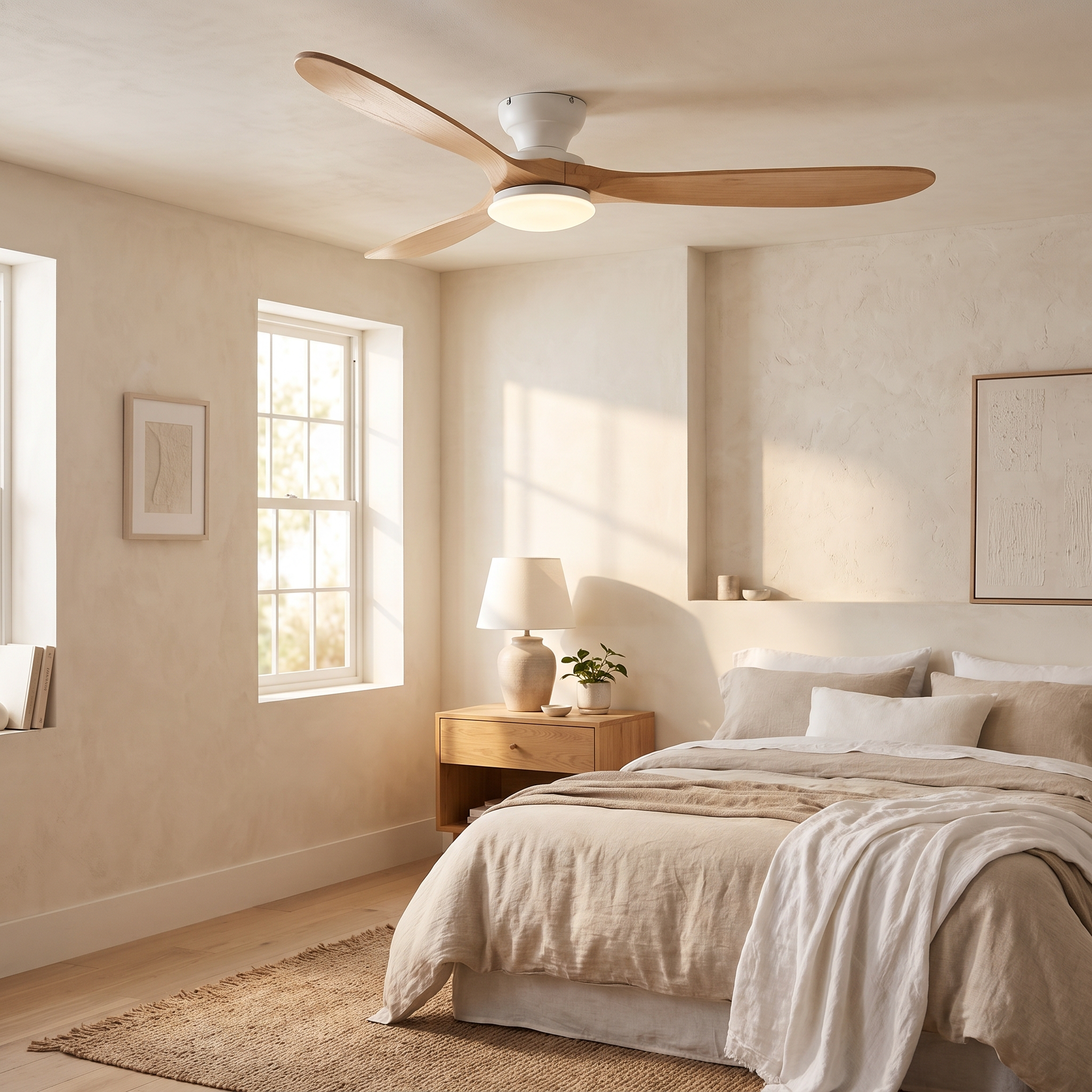 Ventilateur de plafond Cap LED Ivoire, pales bois clair, dans une chambre chaleureuse