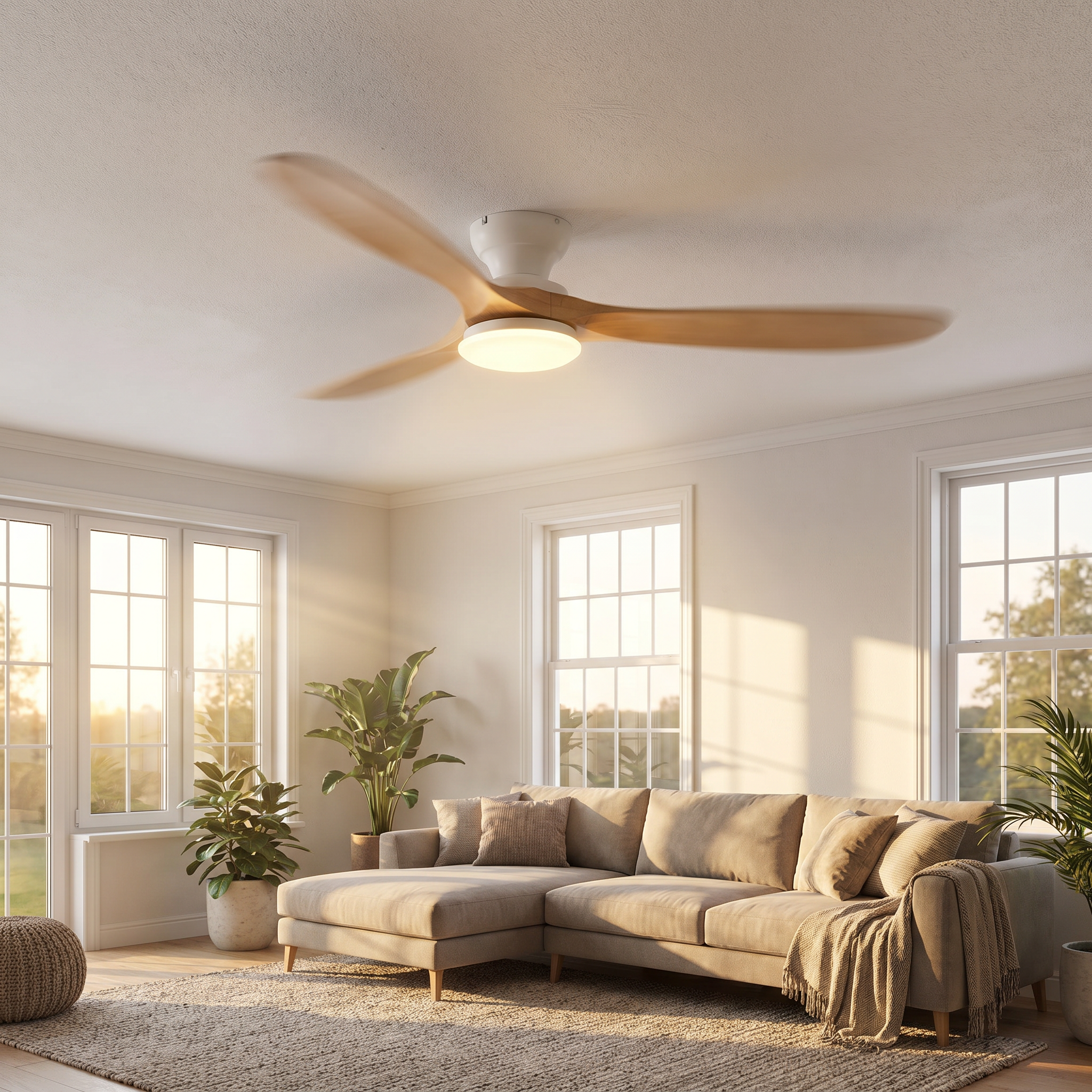 Ventilateur Cap LED Ivoire en fonctionnement dans un salon lumineux