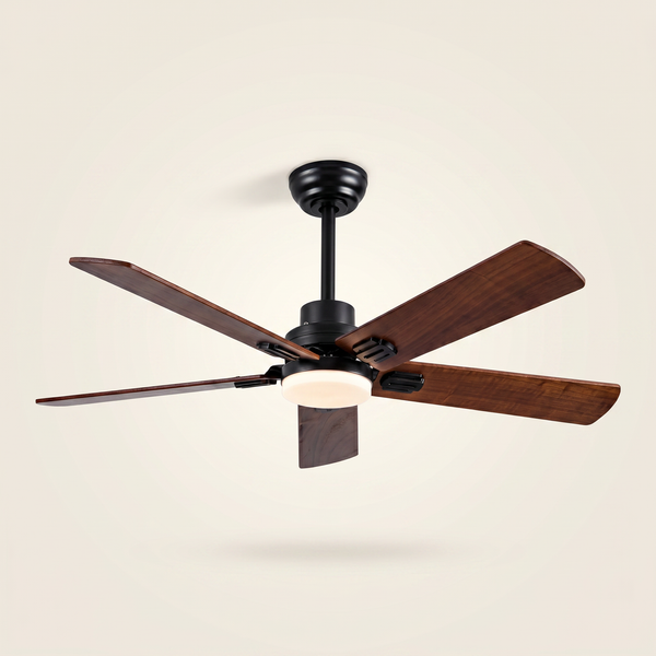Ventilateur de plafond Cyprès 5 pales en noyer massif, boîtier noir, LED intégrée