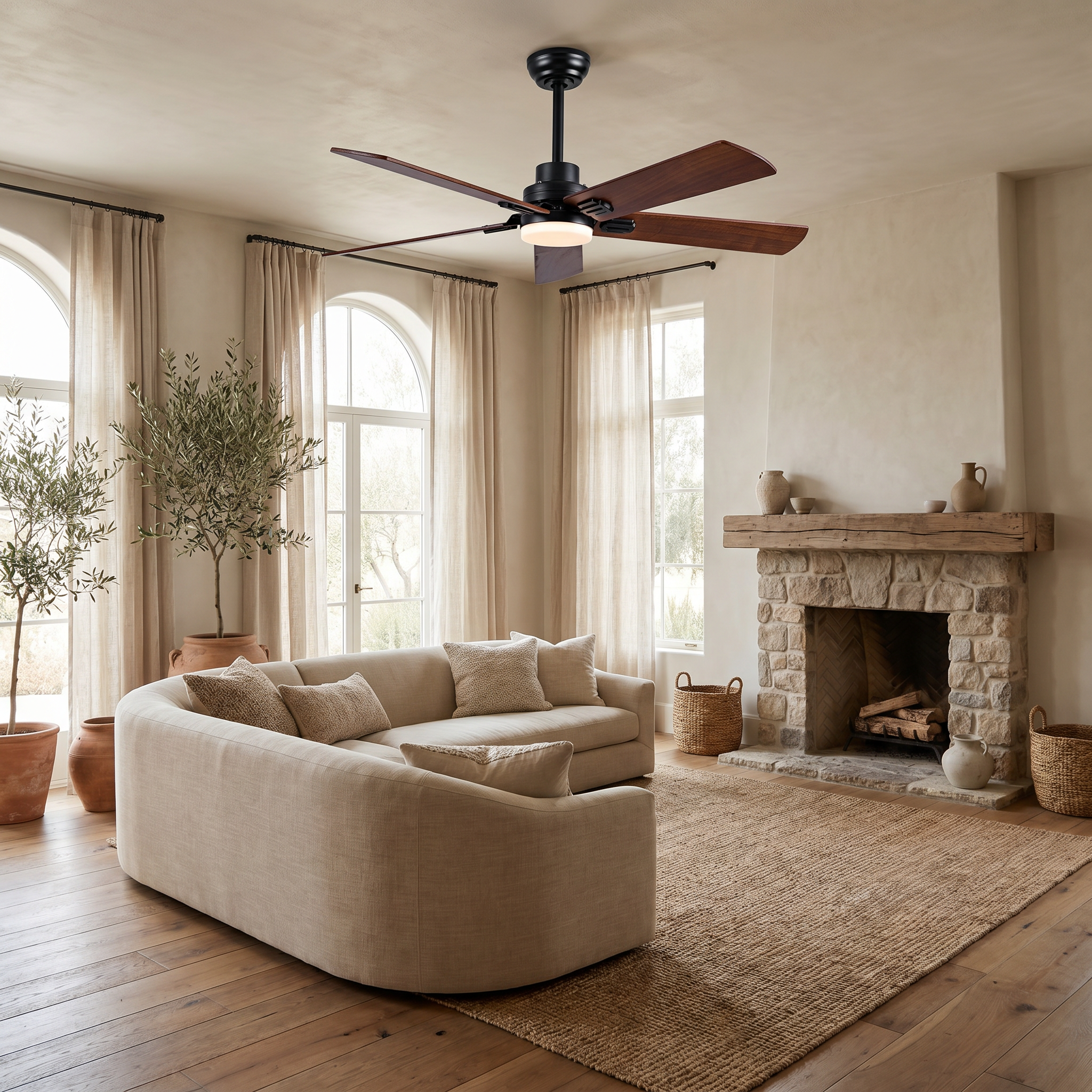 Ventilateur Cyprès au plafond d'un séjour méditerranéen avec cheminée en pierre