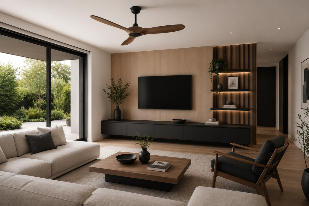 Auster | Ventilateur vintage noir et bois foncé