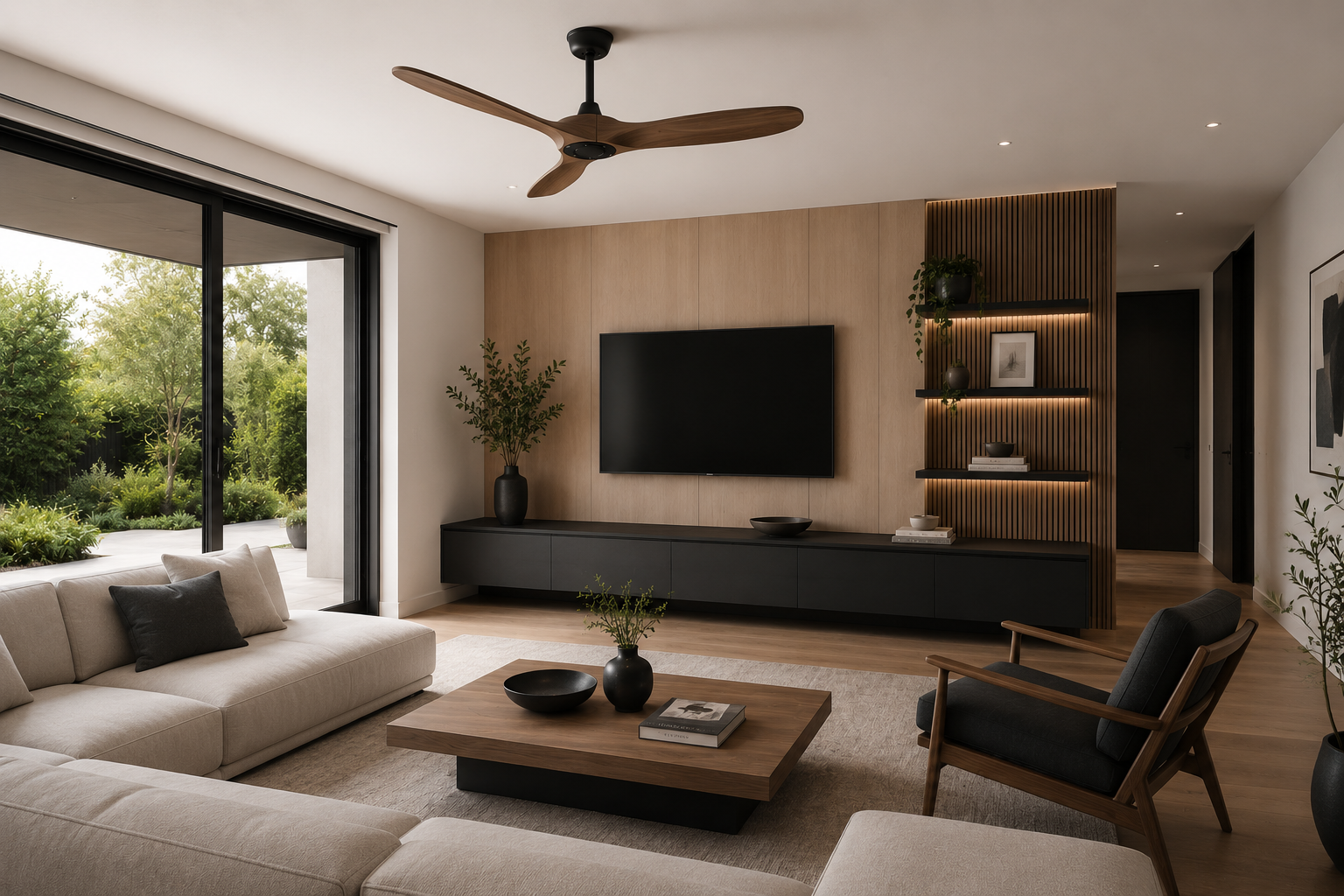Auster | Ventilateur vintage noir et bois foncé