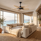 Ventilateur Palma noir dans un salon villa vue mer