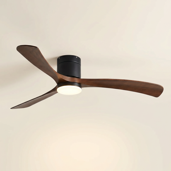Ventilateur de plafond Sylva, pales effet bois noyer et boitier noir, profil bas