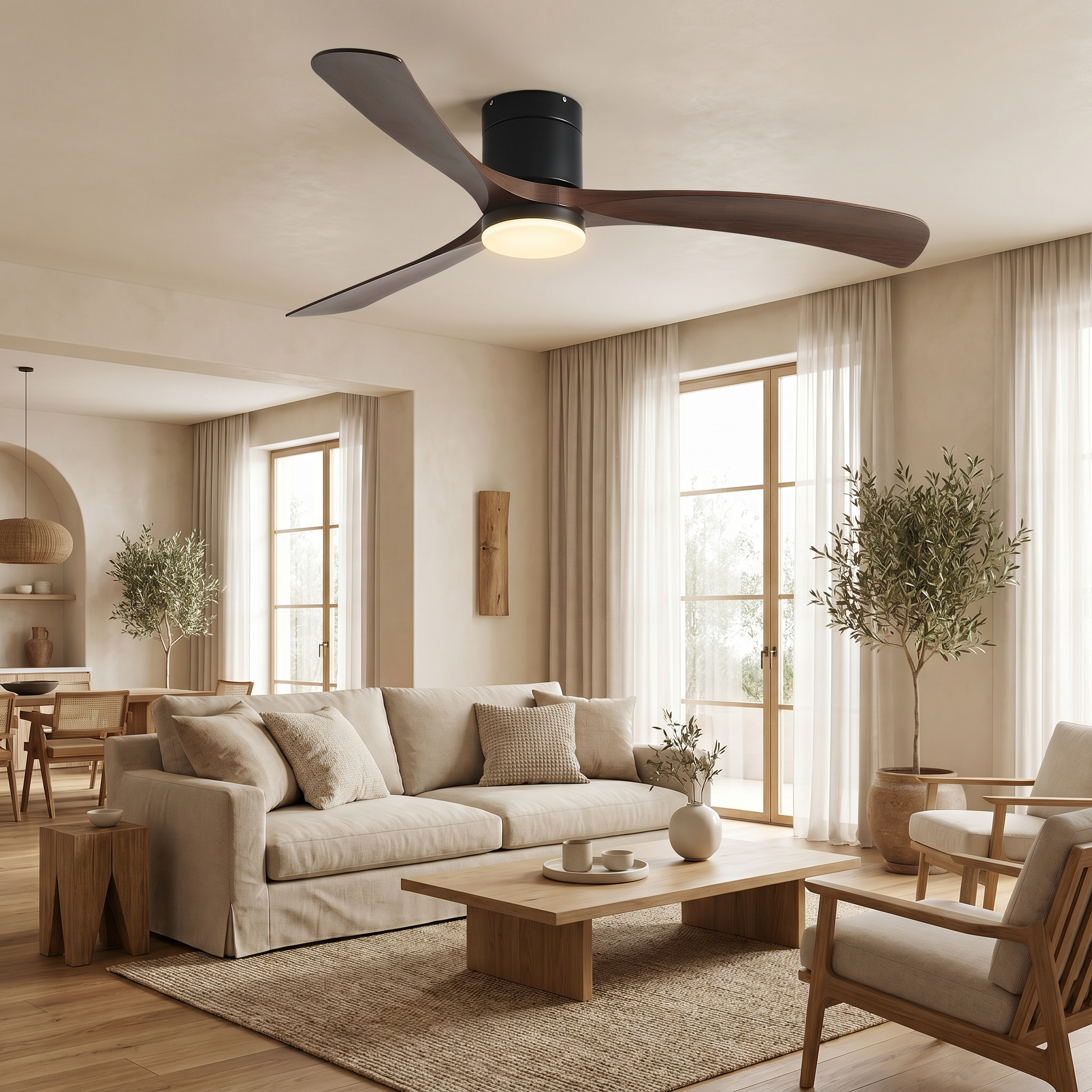 Ventilateur de plafond Sylva noyer dans un salon mediterraneen chaleureux
