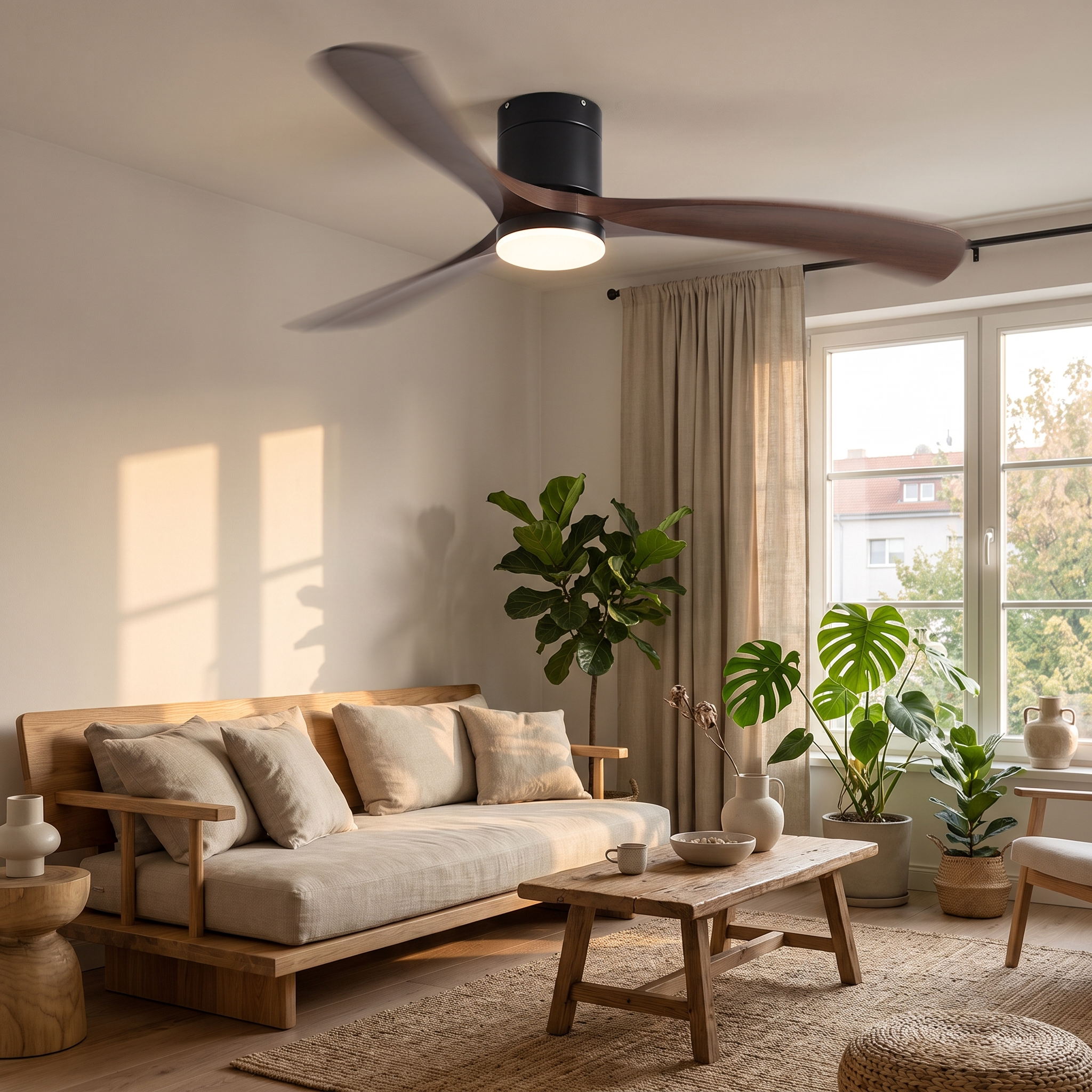 Ventilateur Sylva noyer en fonctionnement dans un sejour lumineux