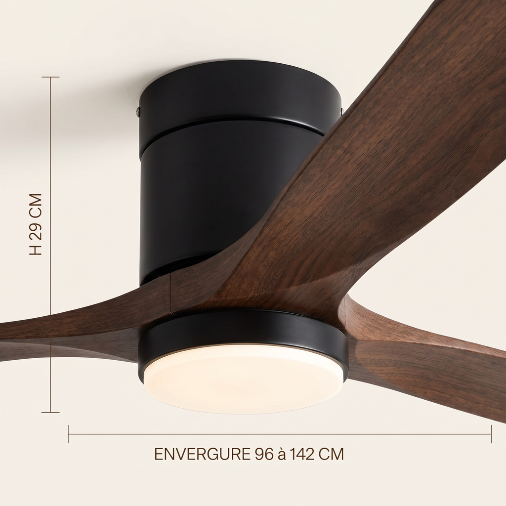 Detail du ventilateur Sylva, hauteur 29 cm, envergure 96 a 142 cm