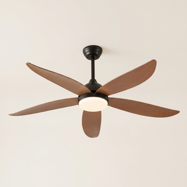 Ventilateur de plafond Solstice 5 pales effet bois, boîtier noir, LED intégrée