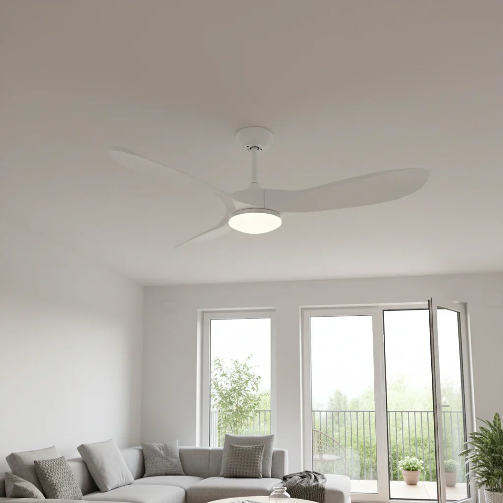Brise | Ventilateur vintage blanc et bois blanc, LED