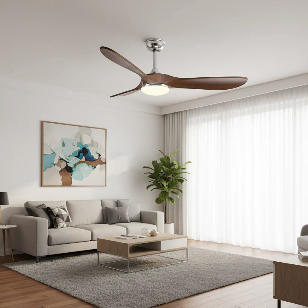 Khamsin | Ventilateur vintage argent et bois foncé, LED