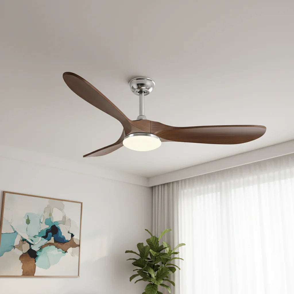 Khamsin | Ventilateur vintage argent et bois foncé, LED